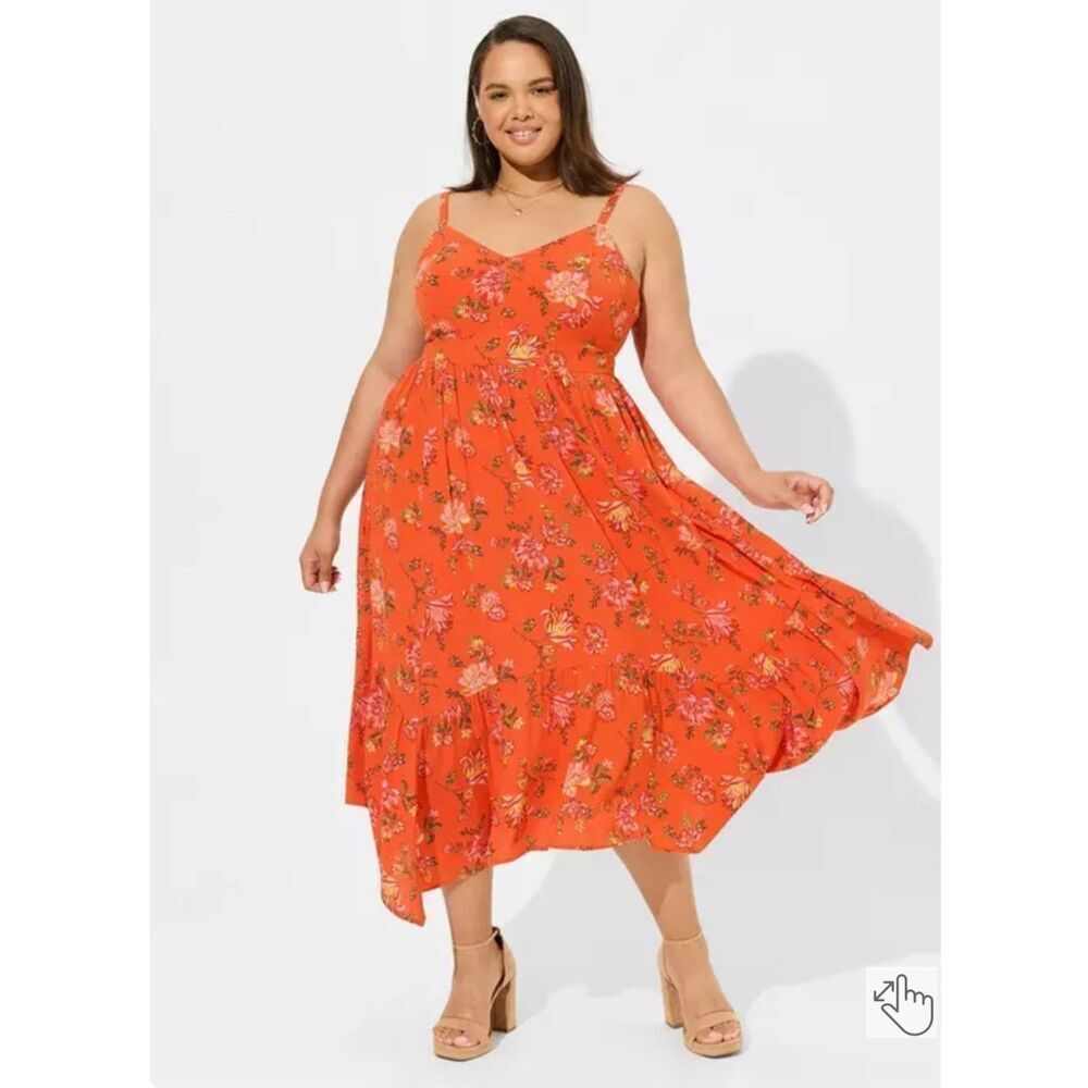 Torrid Maxi Washable Gauze Tiered Hanky Hem Dress orange Floral size 0 Large